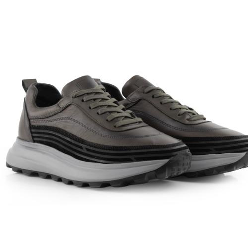 MegaAnthracite Prestige - Antrasit Deri ve Siyah Şeritli Sneaker